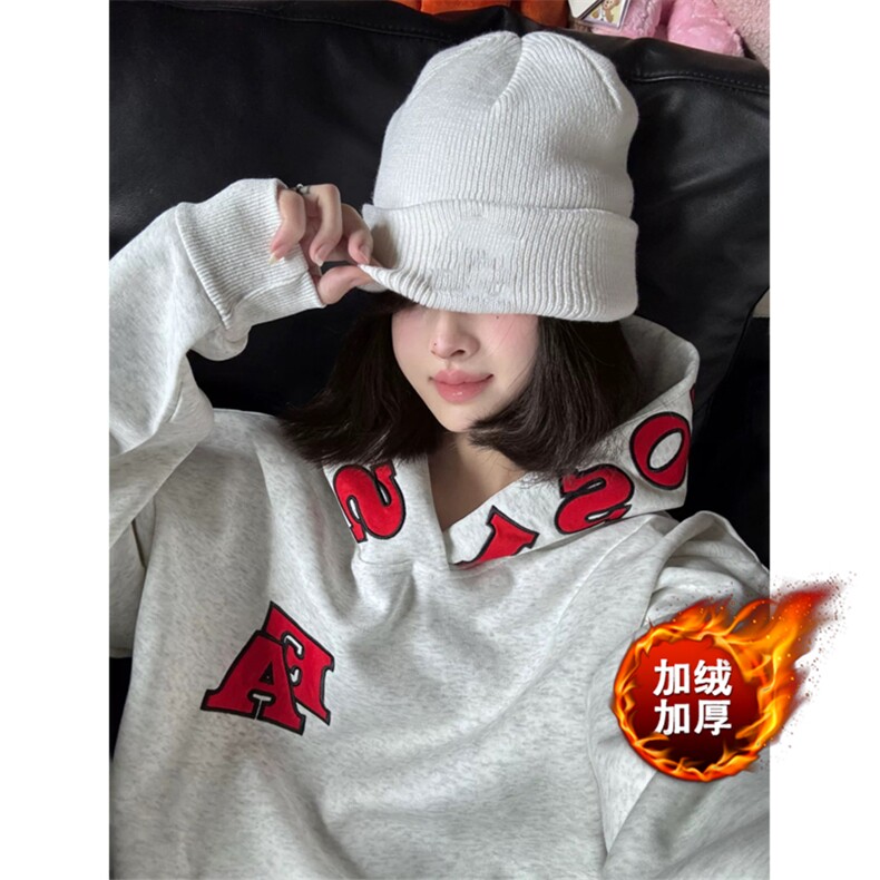 网图 华棉 刺绣满印字母连帽宽松卫衣男女 A1097-常规P55 加绒P60图片
