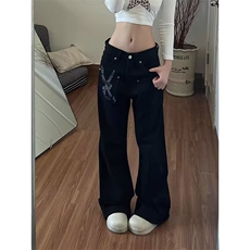 新款水洗黑色微喇牛仔裤cleanfit美式高街宽松直筒喇叭裤子长裤，男装牛仔裤，星座1210-1