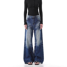 美式复古高腰微喇牛仔裤女秋冬新款高街设计感宽松显瘦阔腿拖地裤，女装牛仔裤，星座218-8