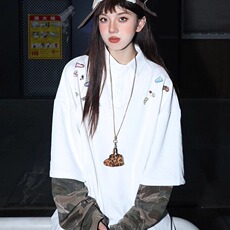 美式复古卡通印花拼接迷彩长袖polo衫假两件春秋季情侣学院风卫衣，男装卫衣，星座506A