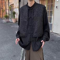 春装风新中式盘扣立领假两件拼接男女衬衣2025复古提花外套，男装衬衫，星座909
