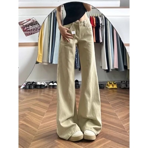时尚美式复古卡其色宽松阔腿牛仔裤女小个子显腿长休闲长裤潮流
