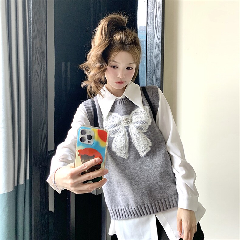 灰色蝴蝶结针织马甲套装2025新款女春季学院风气质衬衫马夹两件套,女装马甲,维壹