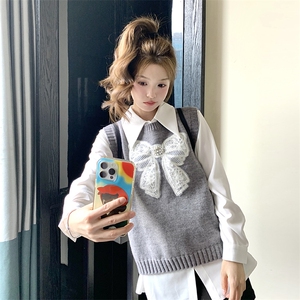 灰色蝴蝶结针织马甲套装2025新款女春季学院风气质衬衫马夹两件套图片