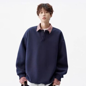 假两件格子拼接polo领卫衣女春秋季新款宽松薄款翻领上衣外套图片