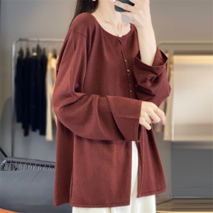 精纺细羊毛薄款针织开衫女圆领宽松休闲韩版简约百搭薄毛衣外套潮,女装羊毛衫,东远绒业