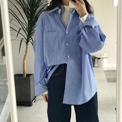 港味复古格子衬衫外套女宽松早秋薄款中长款开衫,男装衬衫,星座1210-1