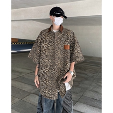 夏季新款豹纹短袖衬衫夏季美式复古潮牌设计感宽松休闲上衣，男装衬衫，星座410-6（原星座1304-1）