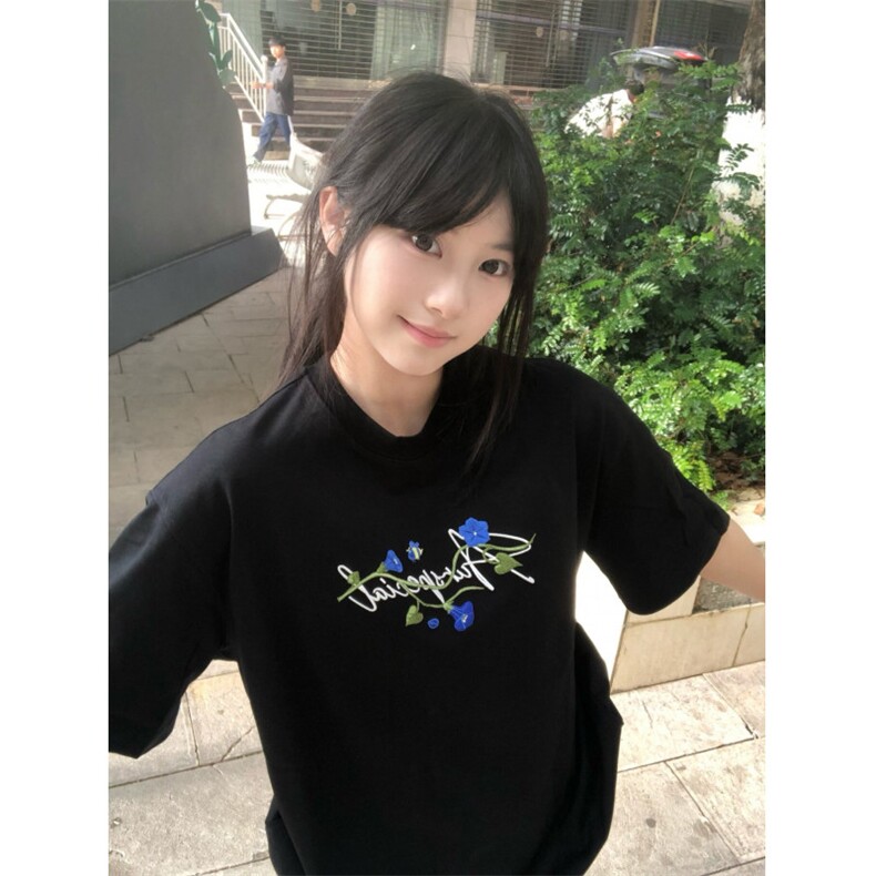H0960-P35原版全刺绣内里铺布纯棉包边拉肩情侣款短袖T恤,女装T恤,星座617A-2