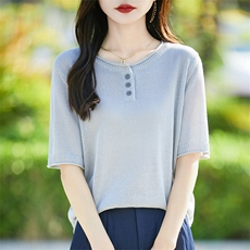 通勤简约圆领冰丝正肩短袖T恤女2025夏季休闲薄半袖小衫百搭上衣，女装针织衫/毛衣，暖烁羊绒
