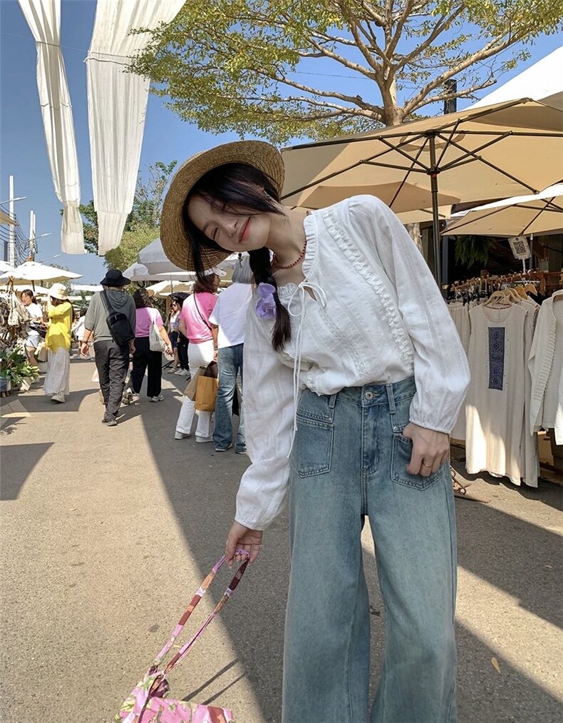 浪漫春夏~法式系带水溶棉花边领白衬衫别致温柔风衬衣,女装衬衫,湘姗