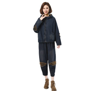2021秋季新款时尚印花拼接水洗连帽牛仔套装,女装套装/套裙,叶笙衣