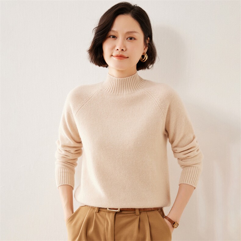 秋冬季新款舒适显瘦时尚百搭七针插肩半高领35%羊绒衫,女装羊绒衫,伊绒腾羊绒
