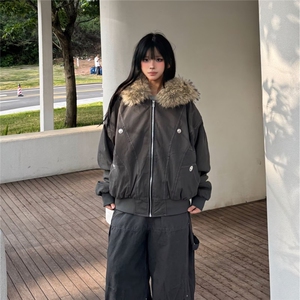美式复古座山雕派克棉服外套男女冬季毛领连帽短款情侣棉衣图片