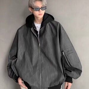 假两件外套男春秋美式高街痞帅潮牌宽松休闲连帽夹克 J8539-P80图片
