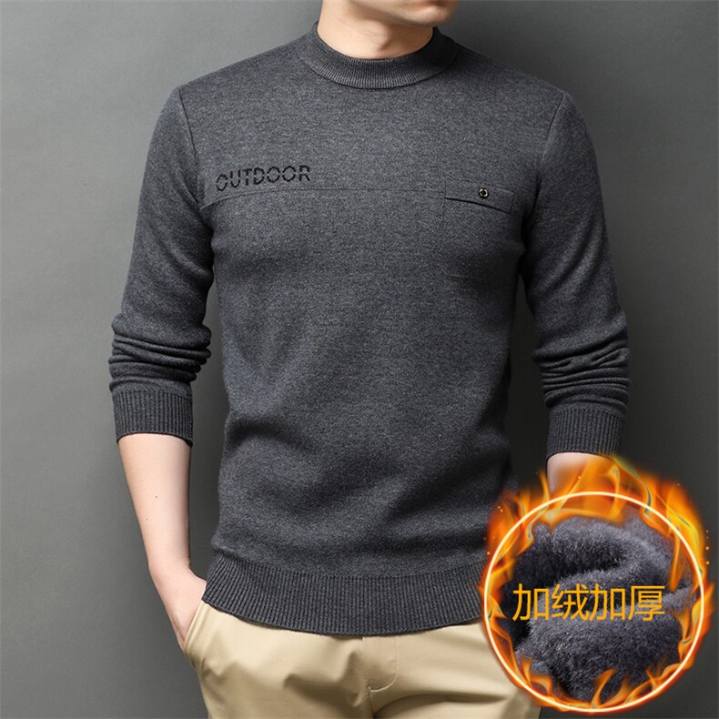 新款男士休闲时尚圆领毛线衫加绒加厚打底衫保暖羊毛衫套头，男装针织衫/毛衣，钱塘6003A(原)4033A