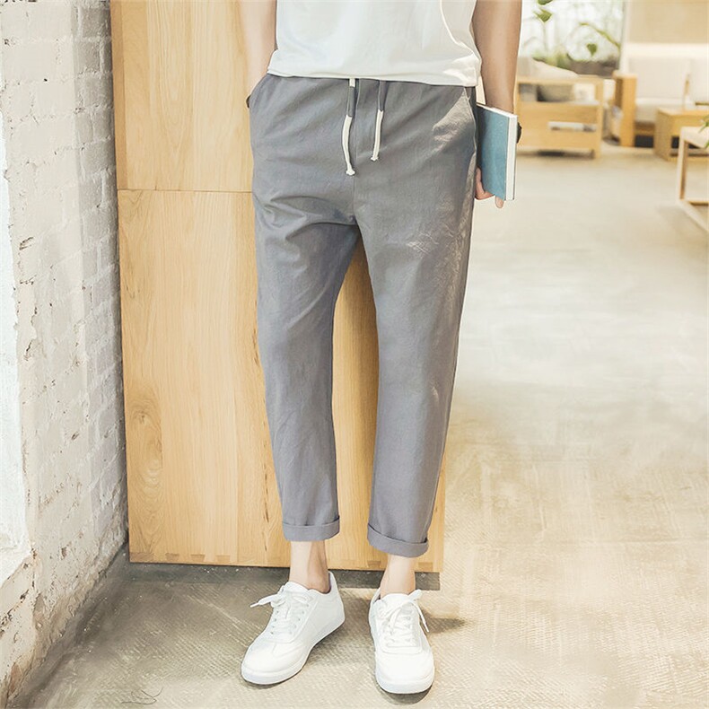 裤子男学生韩版潮流棉麻九分夏季修身显瘦小脚亚麻男士休闲裤p13，男装休闲裤，星座1511