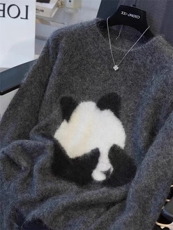 新款秋冬季时尚潮流熊猫图案圆领套头毛衣，女装针织衫/毛衣，千御纺羊绒