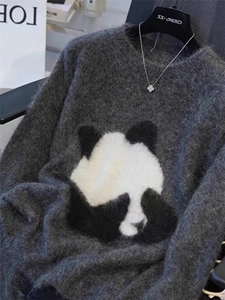 新款秋冬季时尚潮流熊猫图案圆领套头毛衣图片