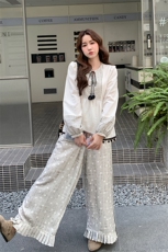 温柔系穿搭甜美流苏娃娃衫套装女秋2025新款显瘦波点阔腿裤两件套，女装套装/套裙，2C052