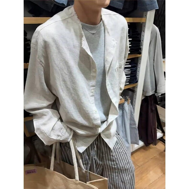 现货亚麻长袖衬衫男夏季韩系港风复古宽松休闲垂感衬衣LS2900-P43,男装衬衫,星座1008