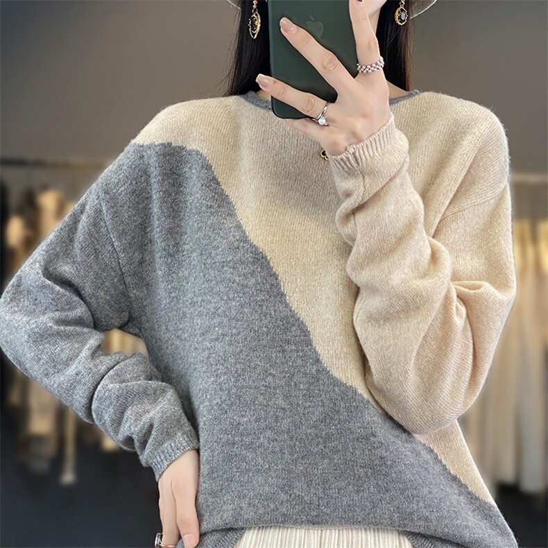 拼色圆领100%纯羊毛衫女秋冬新款长袖针织毛衣宽松羊绒衫打底上衣,女装羊毛衫,琳尚羊绒
