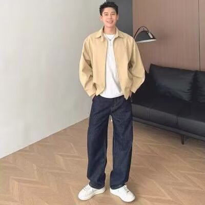 原色牛仔春秋季美式时尚复古弯刀裤牛仔裤男款宽松直筒阔腿长裤子,男装牛仔裤,星座506A