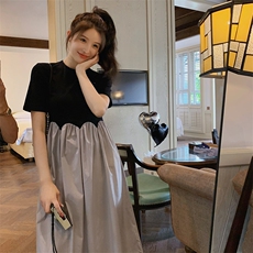 法式别致小众设计感拼色假两件气质通勤百搭收腰显瘦女夏季连衣裙，女装连衣裙，2C176