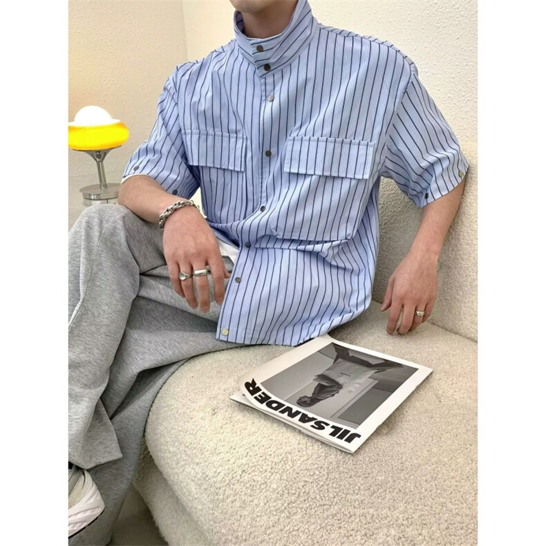 日系浅色条纹衬衫外套男潮流痞帅宽松休闲少年感简约口袋长袖衬衣,男装衬衫,星座506A