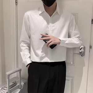 黑色衬衫男长袖格子纯色痞帅上衣外套休闲男装冰丝白衬衣 C305图片
