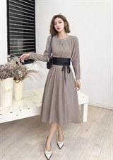 千鸟格撞色腰带连衣裙，女装连衣裙，迪蔓君翔