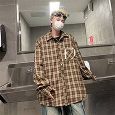 日系黑白格子长袖衬衫男小众复古港味宽松衬衣百搭外套HJ06/P40，男装衬衫，星座506