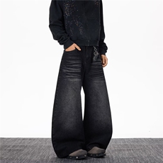 自家图黑色S-3XL水洗猫须男装宽松牛仔裤XZ212-1-QNK9036-P46，男装牛仔裤，星座212-1