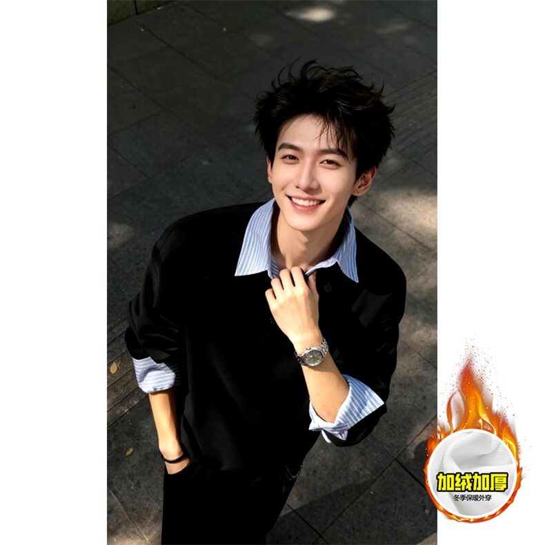 重磅加绒硬挺boxy男女美式高街假两件衬衫领长袖卫衣POLO领打底衫，男装T恤，电商A486-1