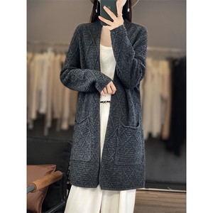 中长款100%纯羊毛开衫女V领重磅加厚腰带外套毛衣宽松羊绒衫上衣图片