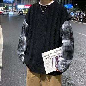 秋冬季新款潮牌拼接毛衣假两件宽松百搭休闲外穿针织衫W3826-P47图片