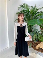 韩版甜美淑女时尚气质高雅淑女收腰拼色连衣裙，女装连衣裙，荷塘月色