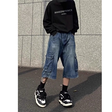多口袋牛仔短裤男款夏季美式高街工装七分裤百搭宽松阔腿中裤子男，男装牛仔裤，星座218-1（原230）