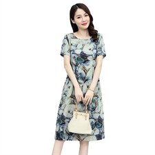 棉麻碎花连衣裙女2026新款夏薄款短袖中长款宽松遮肚显瘦亚麻裙子，女装连衣裙，倪叶myz