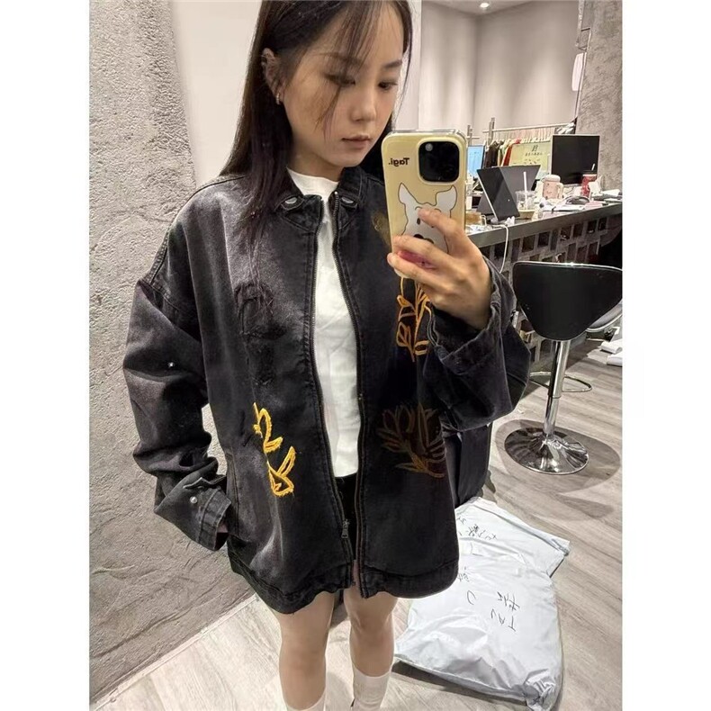 美式街头潮牌花卉刺绣立领夹克男女秋季高街痞帅复古水洗牛仔外套,男装工装外套,星座1210-1