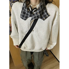 格纹拼接翻领卫衣男春季复古外套立领纽扣重磅长袖上衣W408，女装短外套，星座1116A（原606A-3）