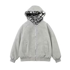 美式复古连帽豹纹男女双面穿座山雕棉服PU磨砂皮棉衣秋冬街头外套，男装棉衣，星座506A