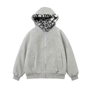 美式复古连帽豹纹男女双面穿座山雕棉服PU磨砂皮棉衣秋冬街头外套图片