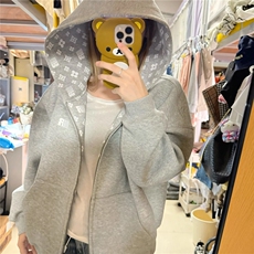 美式连帽卫衣女秋冬加绒字母印花开衫外套重磅潮牌宽松情侣上衣，女装短外套，星座506A