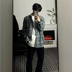 cleanfit蓝色格子衬衫男长袖美式复古格纹衬衣高级感小众情侣外套，男装衬衫，星座1008