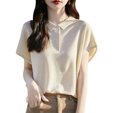 夏季POLO领羊毛混纺针织短袖T恤女宽松娃娃领落肩袖桑蚕丝上衣薄，女装T恤，暖烁羊绒