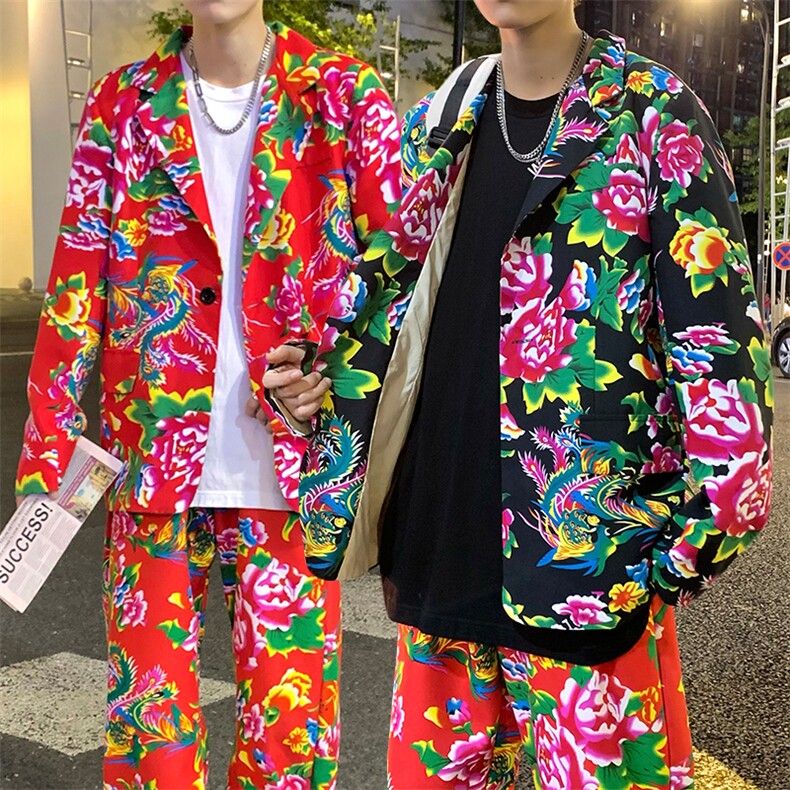 XF01男秋港风文艺休闲大码西服套装西装东北大花民族风特色新中式,男装西服,星座115A(原星座507）