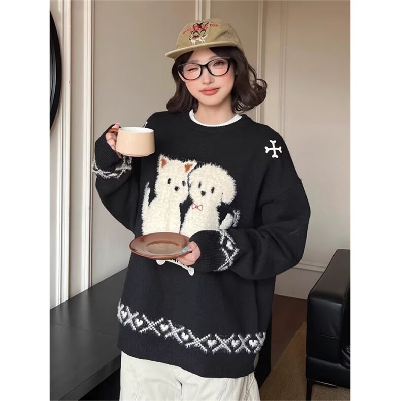 2026秋冬新款提花趣味小狗毛衣男女美式圆领套头学院百搭针织衫,男装针织衫/毛衣,星座601-1