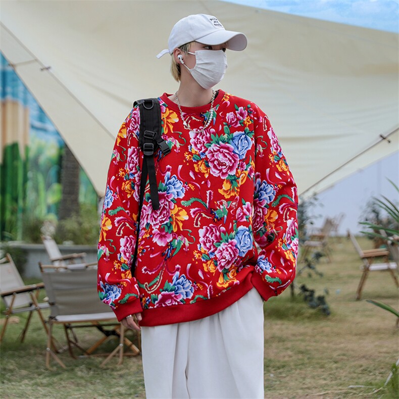 B203圆领大花卫衣大码男女新中式汉服团队表演出饭店火锅店情侣潮,男装民族服装,星座115A(原星座507）