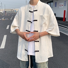 2026夏新款潮男新中式碎花盘扣短袖五分袖衬衫CS380/特P35白色3，男装衬衫，电商A094